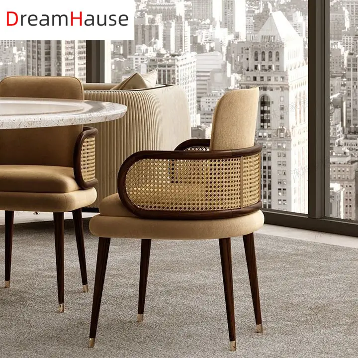 Dreamhause Simple Nordic Modern French Style Rattan Dining Chairs Rattan Backrest Hotel Restaurant Cafe Shop Chair Designer