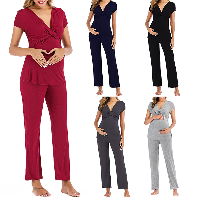 Women Nursing Delivery Hospital Breastfeeding Short Sleeve Maternity Pants Modal Maternity Clothes