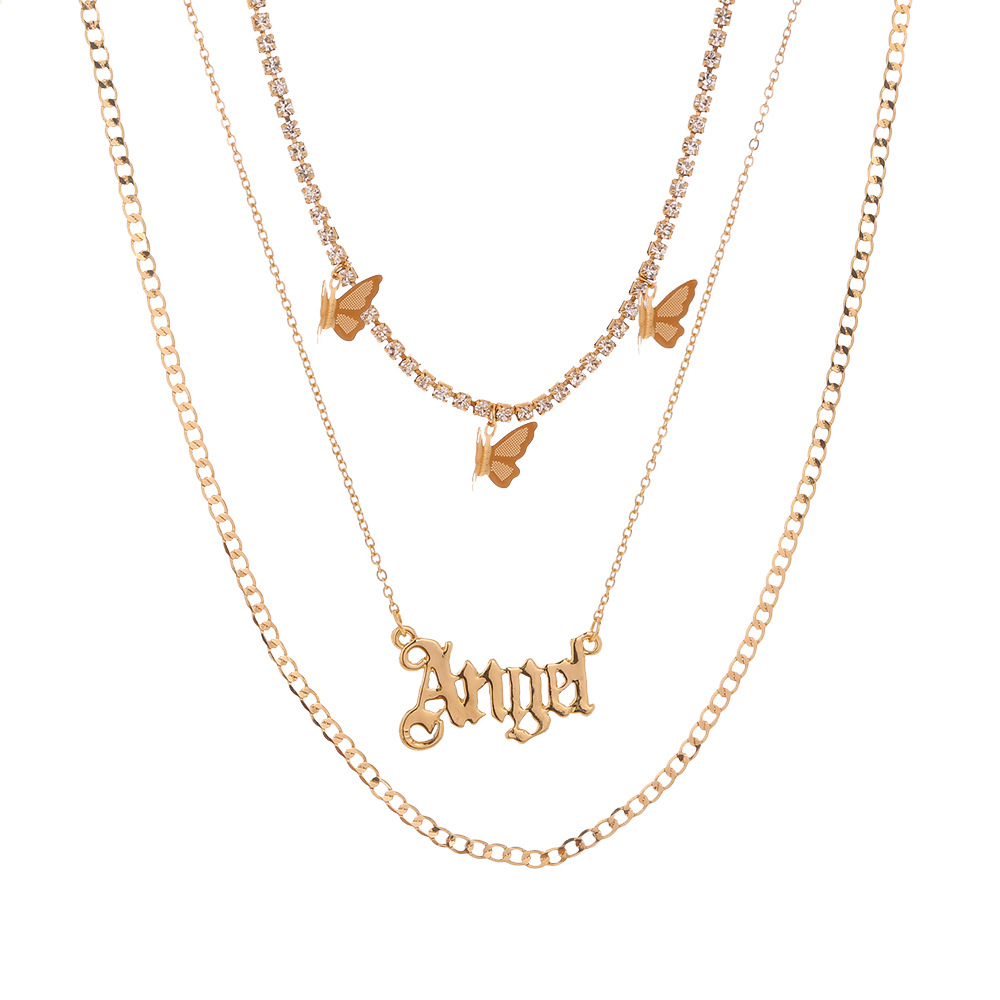 3 Layered Cool Chain Chocker Necklace Butterfly Tassel Diamond Chain ANGEL Letter Pendant Necklace for Sweet Girl Women