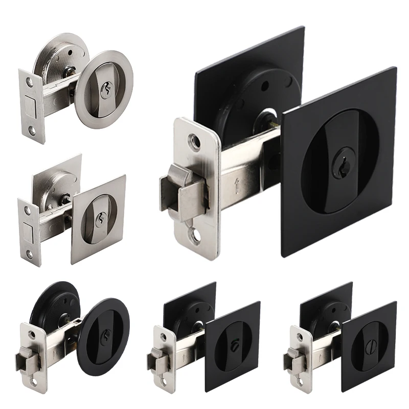 Hidden Square Pocket Door Hardware Zinc Alloy Inset Privacy Bathroom Keyless Cylinder Lock