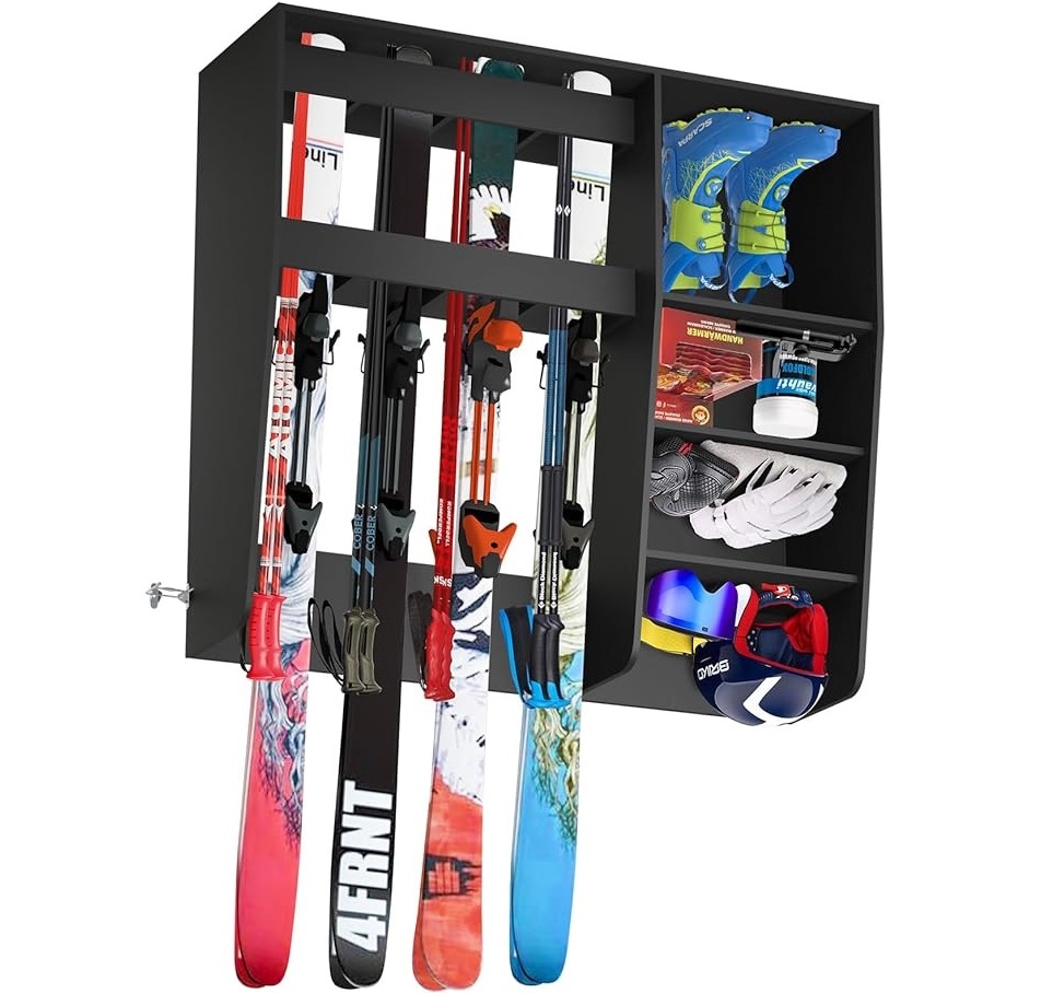 Ski Storage Rack Organizer Stand Holder Floor Mount Fits 4 Pairs of Skis and Multiple Skiing Equipment Accessories