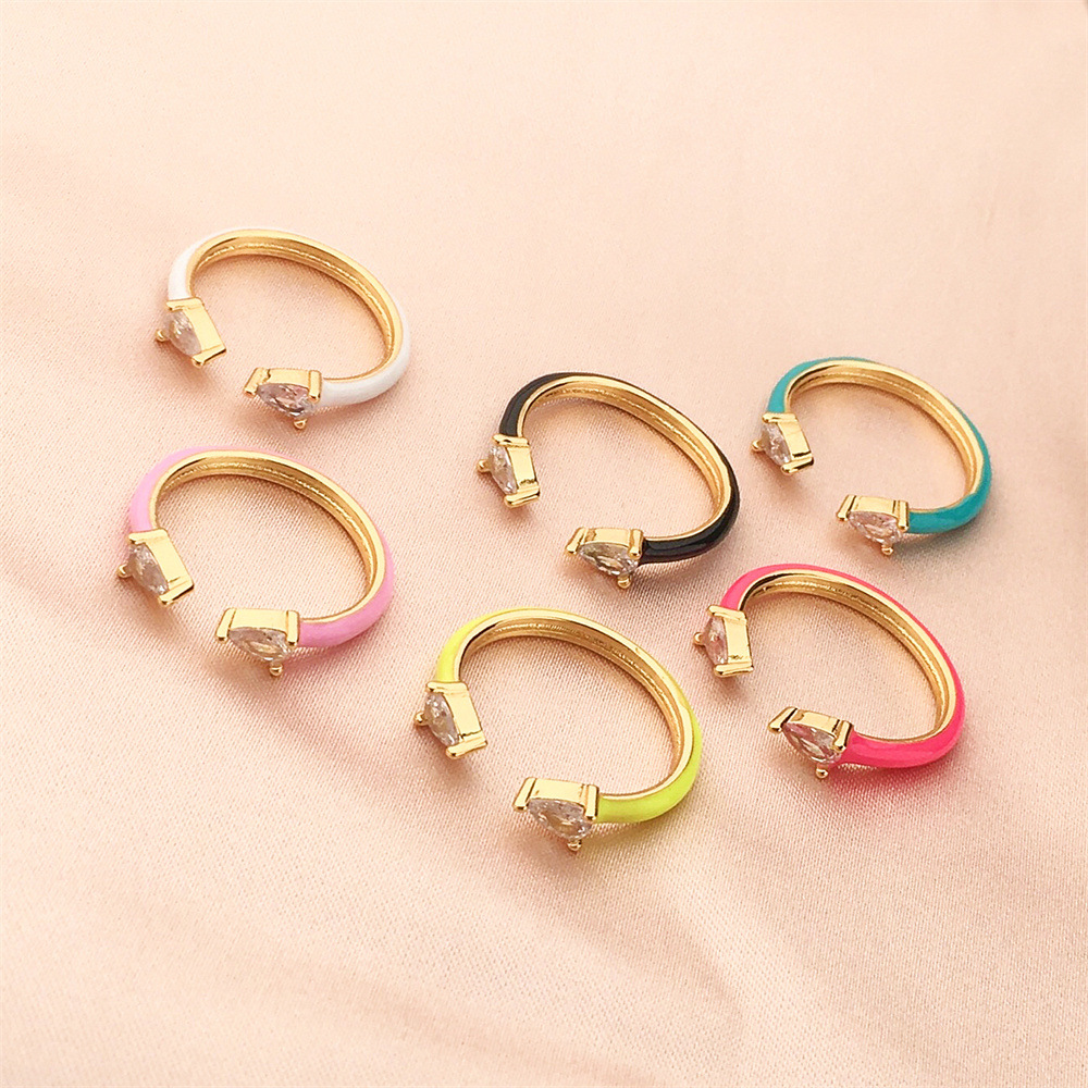 Simple Adjustable Drop Shaped Zirconia Stacking Ring Copper Gold Plated Cubic Cz Colorful Enamel Opening Finger Rings