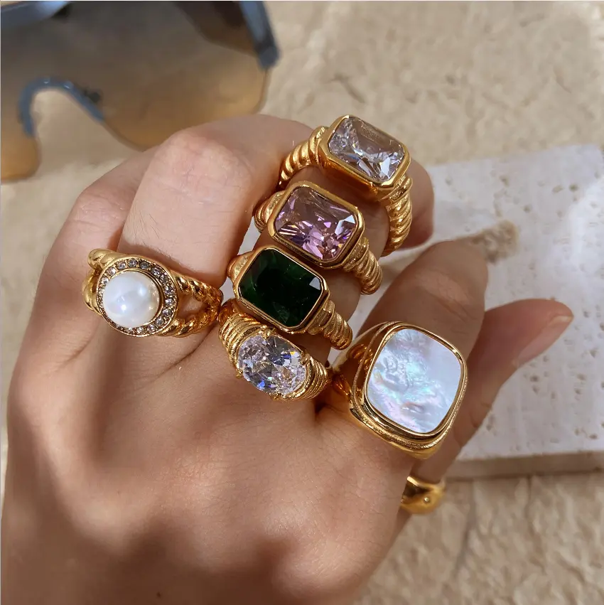 New Arrival Design Geometric Square Zircon Flower Ring 18K Gold Plated Stainless Steel Ring Jewelry