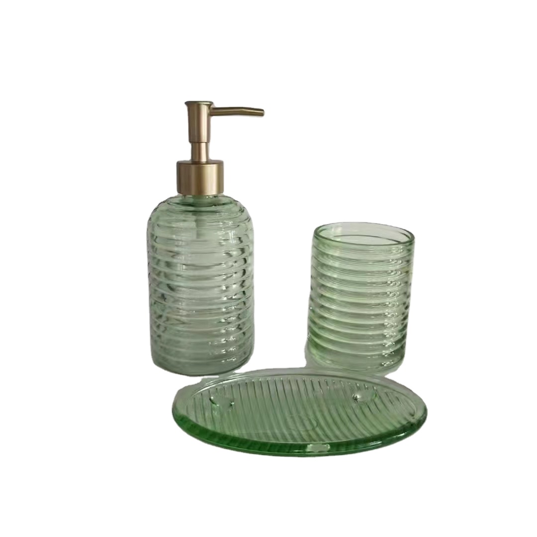 Bathroom Decor Glass Bathroom Accessories Set three with liquid soup dispenser glass cup and soap dish hot sale fashion color