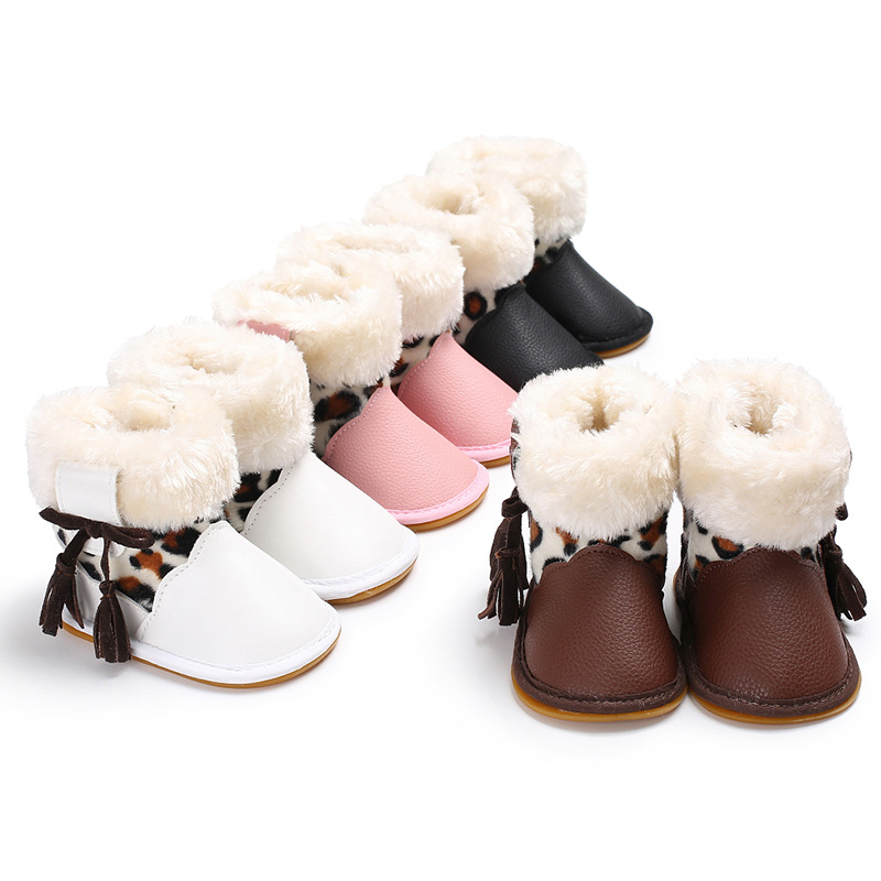 Outdoor Anti-slip Rubber Soled Baby Boots Soft Thick Warm Long Plush Leopard Bows Cartoon Bear Todler Snow Boots For Boy Girl