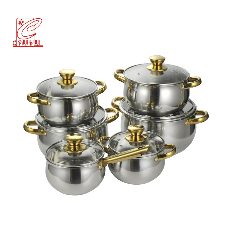 Hot Selling 12 Pcs Inox Cookware Set Cooking Pot Set Of Stainless Steel Pots With Golden Handle