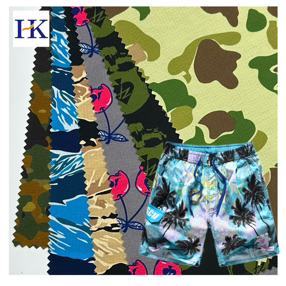 New nylon square grid four sided elastic digital spray printed summer beach pants fabric