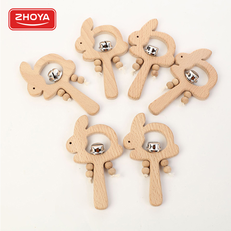 New Design Wholesale Beech Wooden Rabbit Rattles Big Bell DIY Baby Toys Accessories
