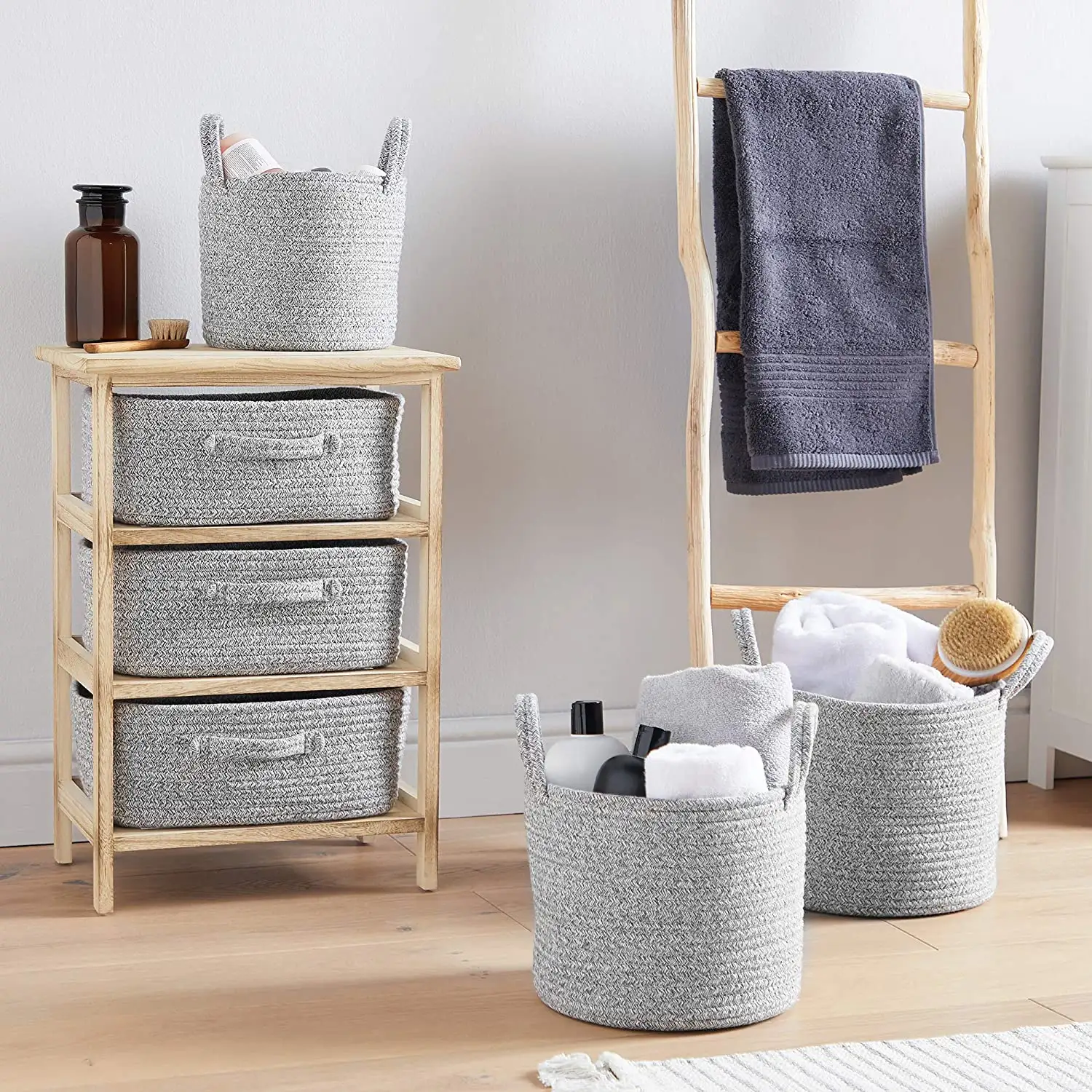 QJMAX Set Of 3 Rope Woven Cotton Rope Storage Baskets Grey Laundry Basket