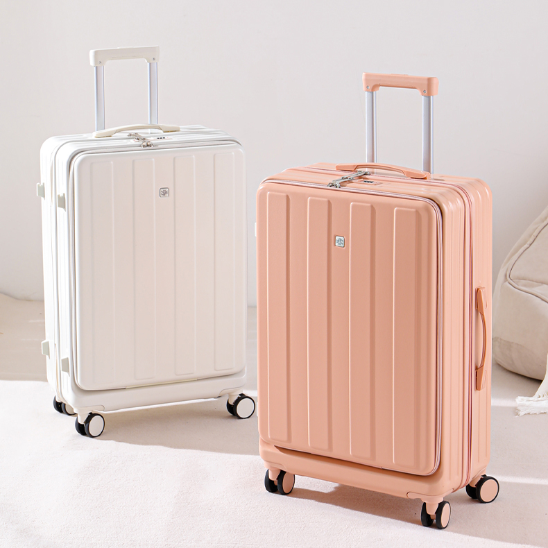 Luxury travel equipments Front Open Luggage with hook USB Cup Cell Phone Holder Travelling Bags Luggage Trolley Suitcase