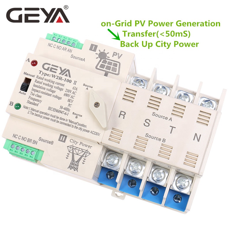 GEYA Din Rail Automatic Transfer Switch for Solar Power 4P 63A AC 110V 220V W2R ATS PV System to City Power 16A 100A