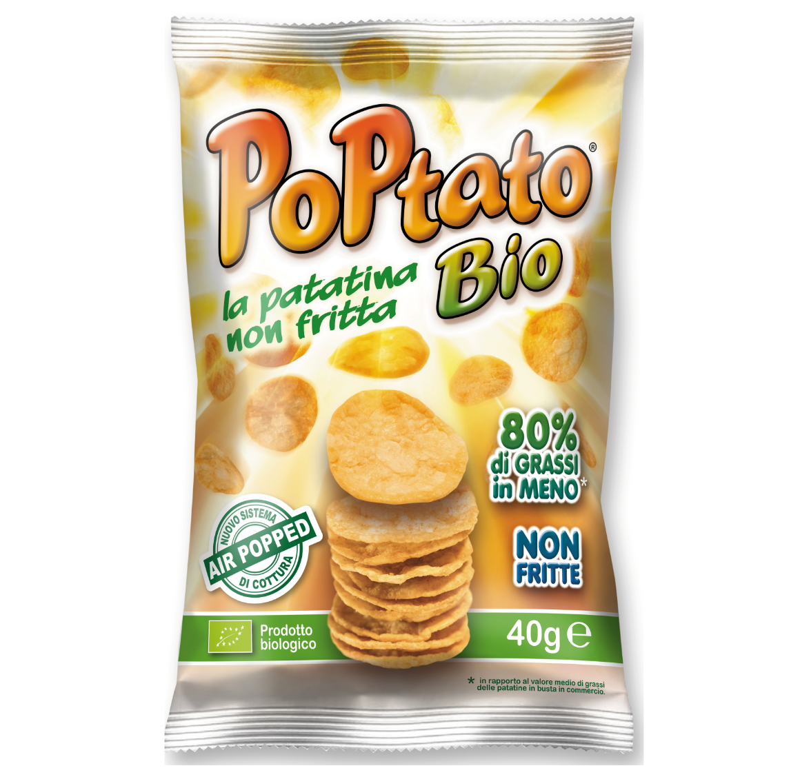 Итальянские чипсы Poptato Classic 40 г, не жареные органические и без глютена, изготовленные с картофелем и подсолнечным маслом