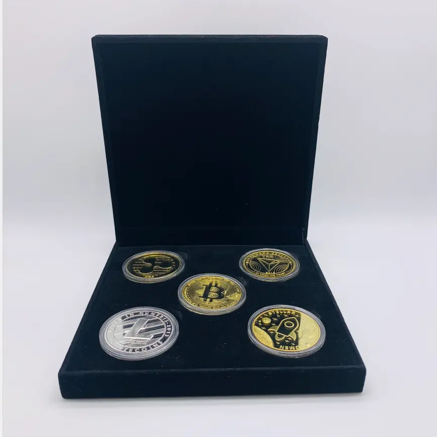 Металлическая позолоченная монета Биткоин сувенирная монета в подарочной бархатной коробке