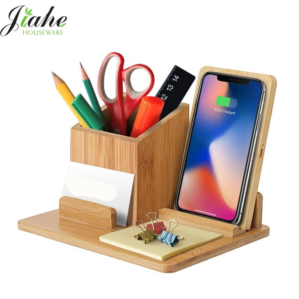 Bamboo Wireless Charger Desk Organizer, Wireless Charging Pad and Pen Holder