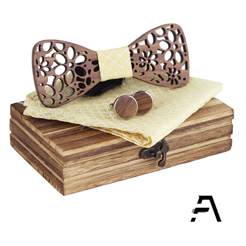 Natural Wooden Bow Tie Cufflinks Set in Gift Box