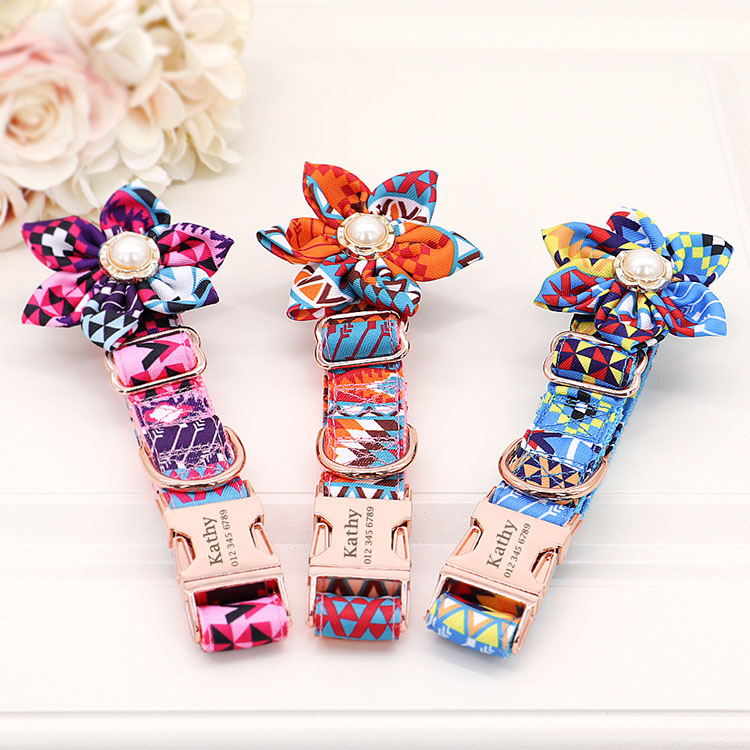 Heavy Duty Floral Pattern Fabric Plain Nylon Luxury Designer Dog Collar For Pet Cat Dogs