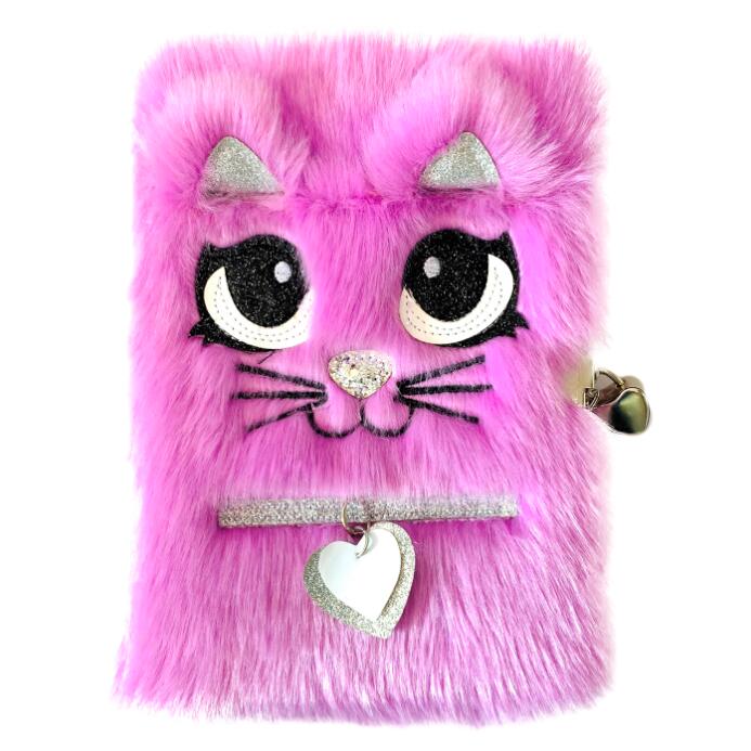 2020 China Factory Direct Sale Bright Pink Polyester Plush Fur Cat Cartoon Name Tag Journal Notebook With Metal Lock