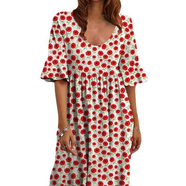 Women's round neck new midsleeve polka dot dress multi-color print skirt