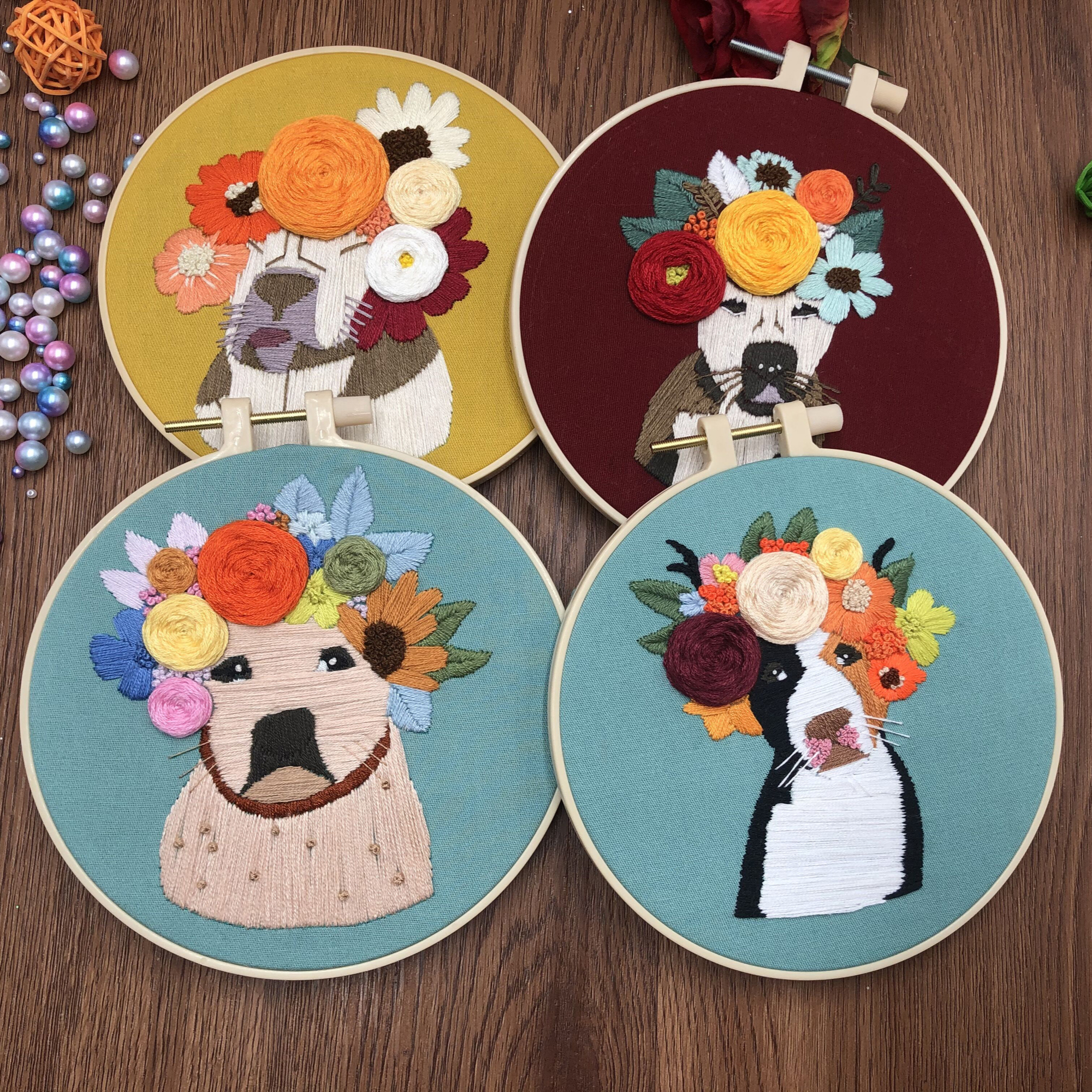 Dog and Flowers Embroidery Kit for Adults with Hoop, Thread, Needles, Full Kit, DIY Craft for Beginner