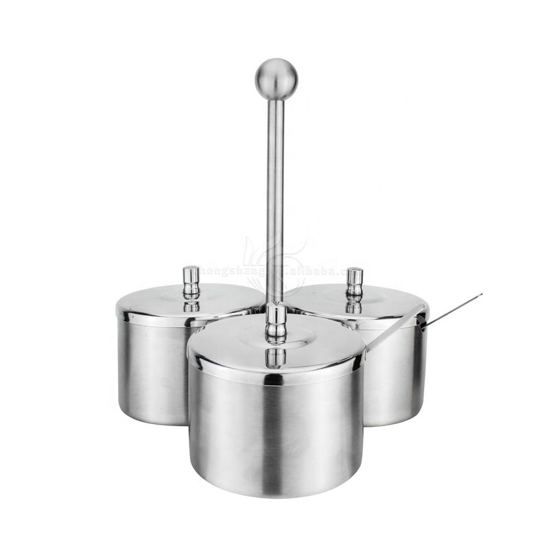 3 part Serving Tea Coffee Modern Design Metal Jar Canister Stainless Steel Sugar Bowl Rack with Serving Spoon