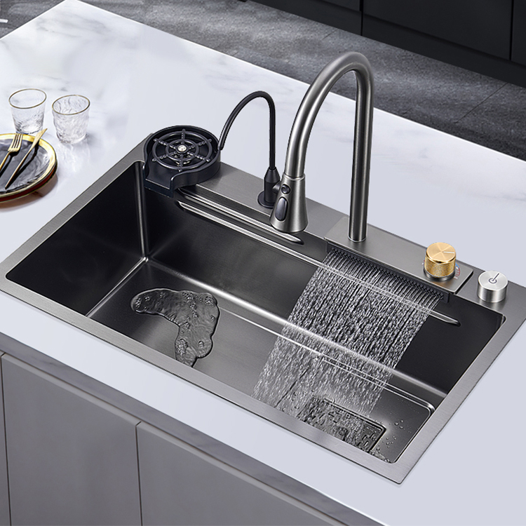 Single Bowl Countertop Undermount SUS304  Waterfall Multifunction Kitchen Sink with Rainfall Faucet & Pull-Out Sprayer