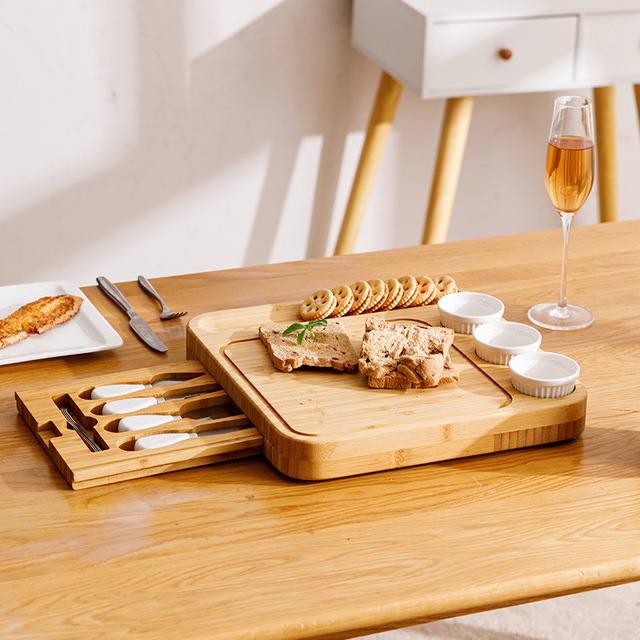 STOCK luxury bamboo cheese board with knife and cutlery set