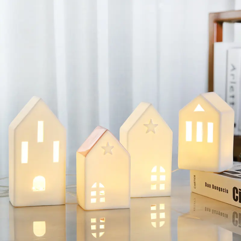 Home simple ornaments tabletop small white porcelain house with light