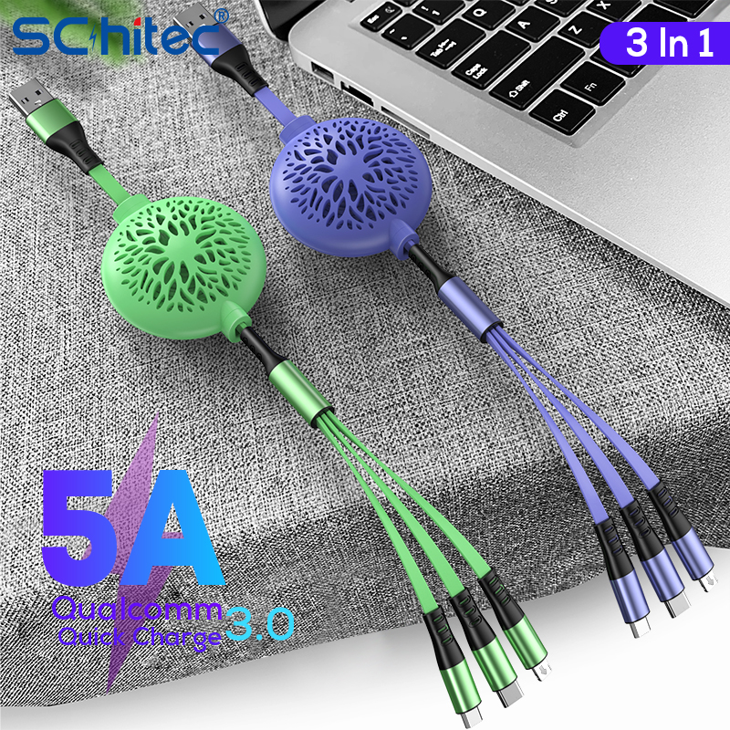 luxury 3 in 1 retractable usb cable flexible 20cm to 110cm fast charging cables for huawei xiaomi