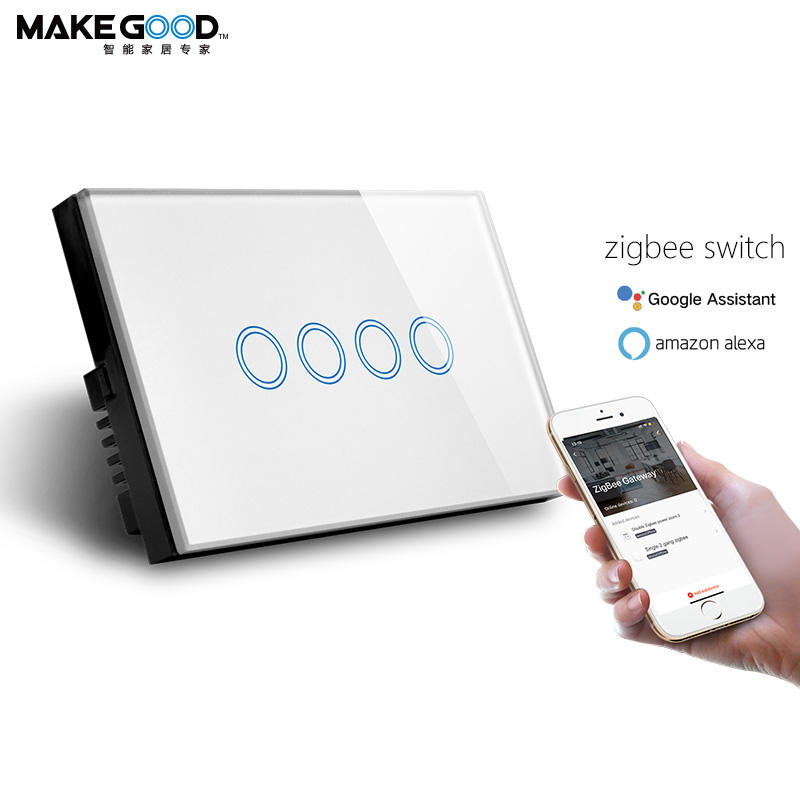 Прозрачный сенсорный экран MakeGood, стеклянная панель, 4 клавиши, Zigbee, настенный выключатель, совместимый с Alexa и Google Home