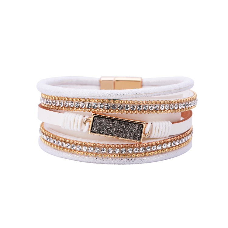 2021 New Fashion Bling Bling Rhinestone PU Leather Bracelet Boho Handmade Multi Layer Rectangle Crystal Stone Leather Bangle