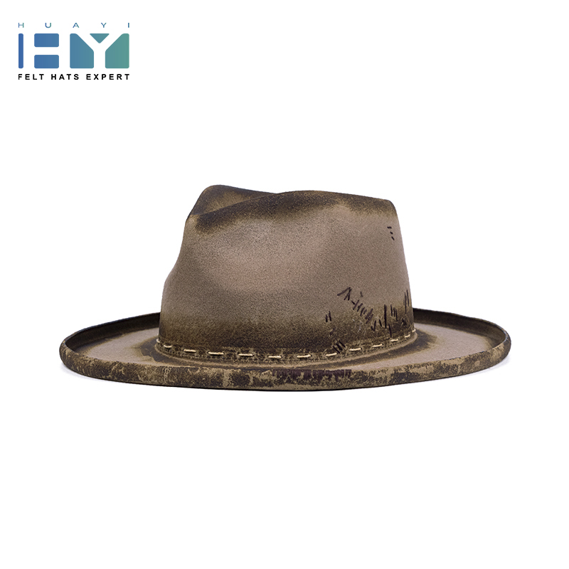 China factory handmade brown high quality 100%wool men felt distressed hats
