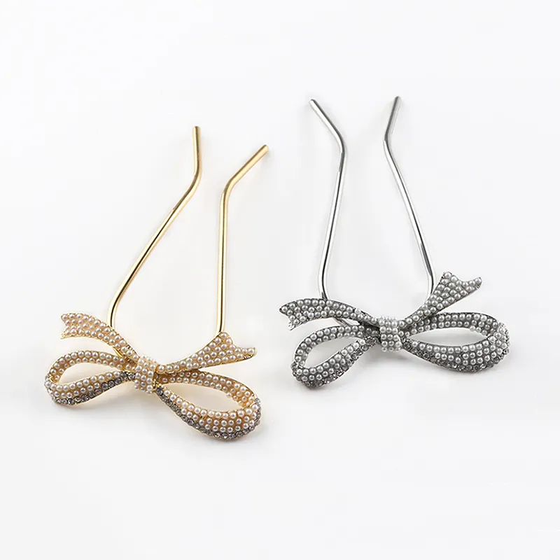Wholesale Pearl rhinestone bow U-shaped hairpin Bridal wedding half-tie ball headgear