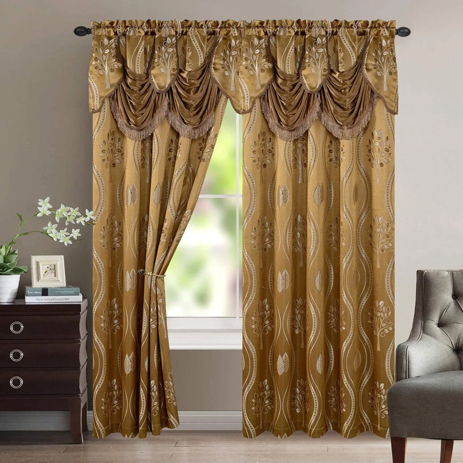 Free sample curtain design,decor living room jacquard curtain with attached valance