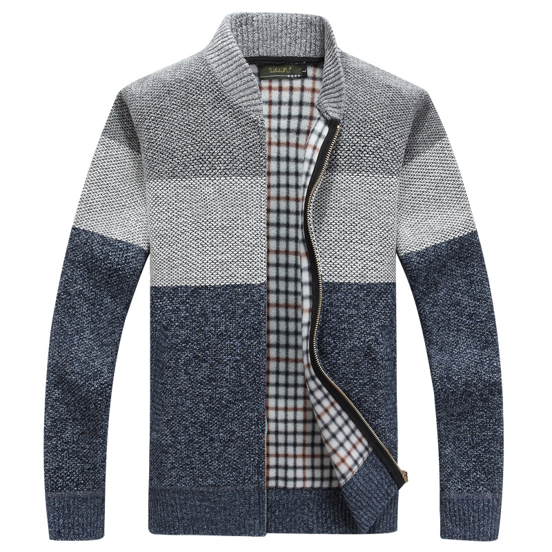 V Neck Long Sleeve Grey Color Block Zip Up Mens Cardigan Sweater For Men