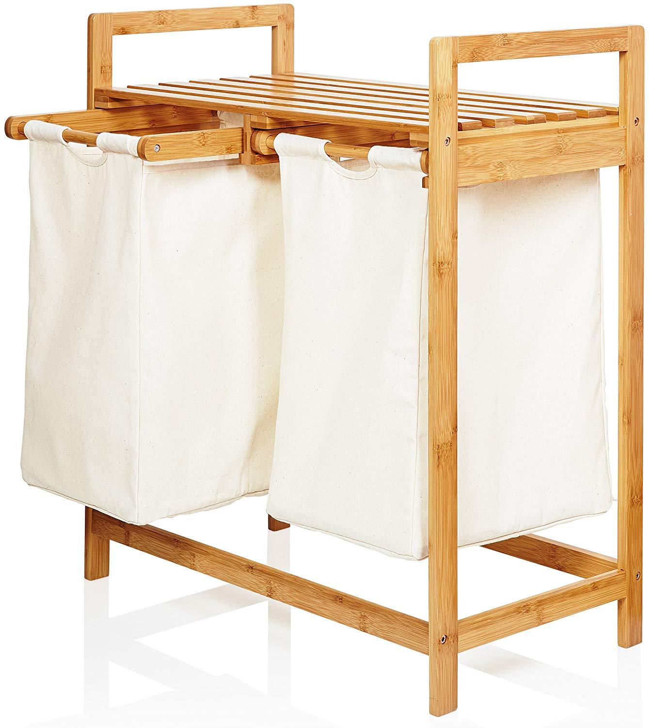 bamboo wood double laundry hamper laundry sorter basket with bags