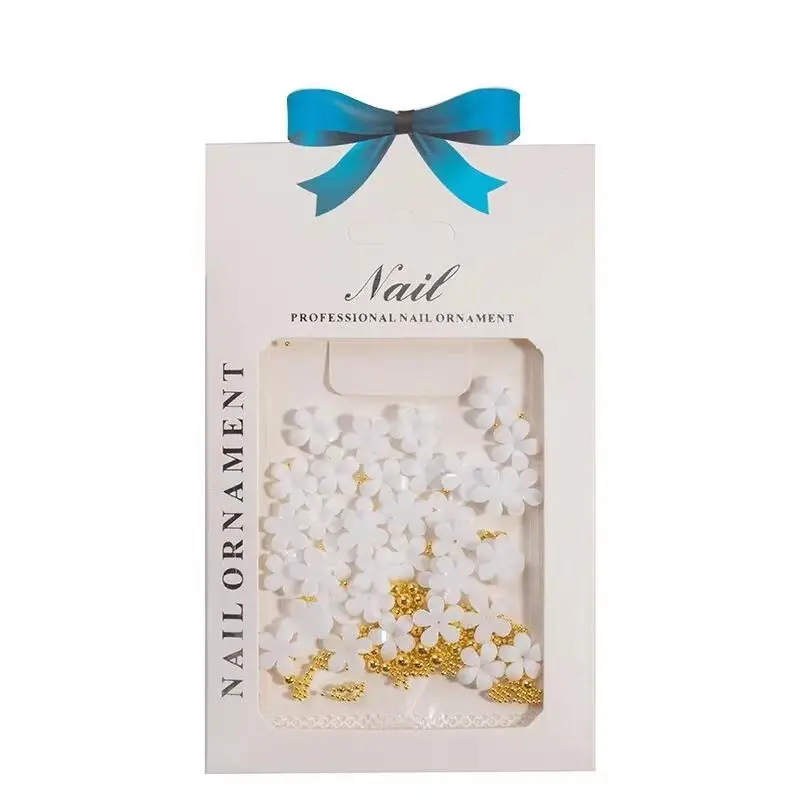 Mixed White Petals Gold Beads Nail Charms Decoration Nail Art Accessary Rhinestone
