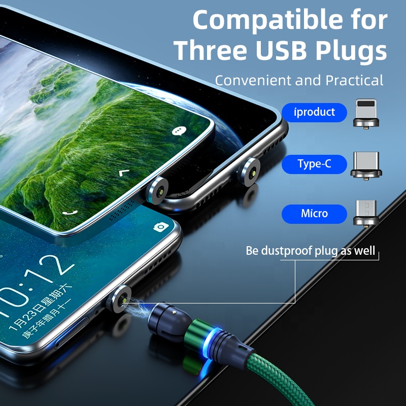 Charger Accessories 540 Degree Free Rotation Magnetic Micro USB Cable Nylon 3in1 Charging Cable for All Phone