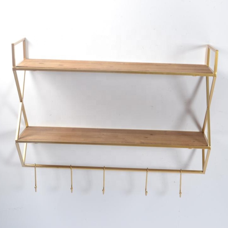 Wholesale Multi-Functional Wall Decor Living Room Furniture Metal & Wood Two Tiered Wall Shelf with Hook
