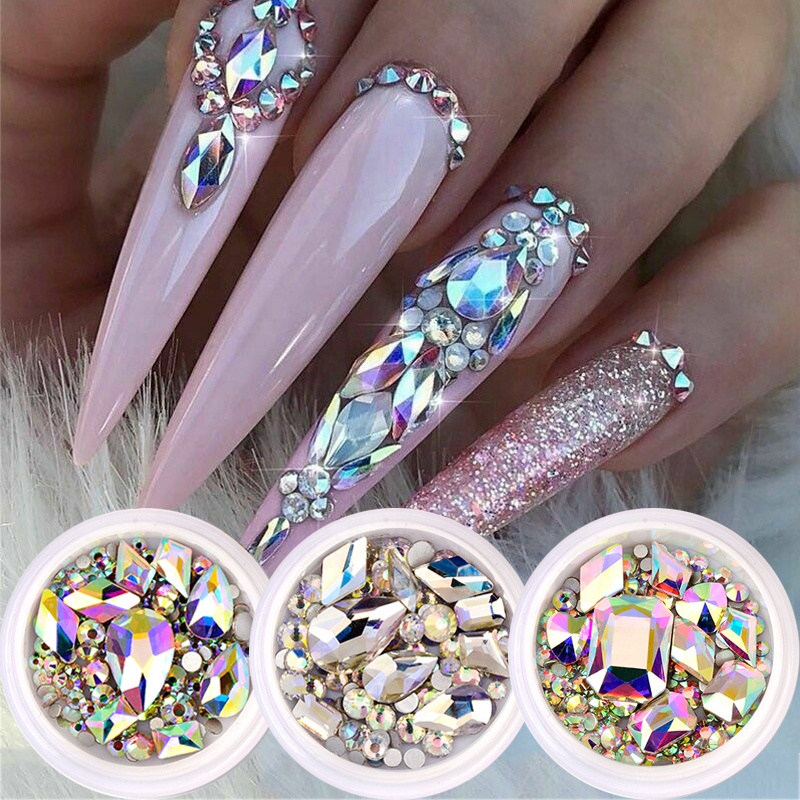 Glitter 3D Crystal AB Flat Back Shiny Stones Nail Art Decorations Mixed Size Nail Gems Rhinestone