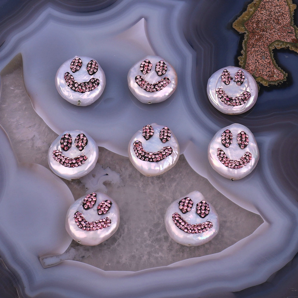 Happy Face Baroque Pearl Pendant Necklace Bracelets Handcrafted Charm with Ruby Rhinestone