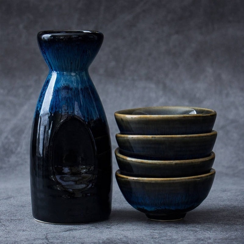 5 Pcs Set Retro Japanese Style Ceramic Sake Cup Set Flagon Liquor 1 pot 4 Cups Home Bar Sake White Wine Pot