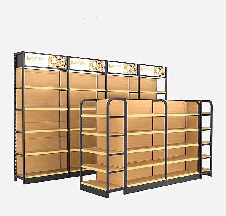 Cheap retail shop shelving grocery convenience store supermarket shelf heavy duty wood iron shelves wooden gondola shop shelves