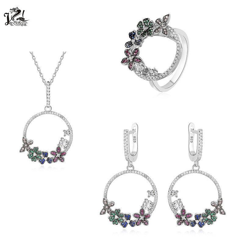 Fashion Colorful Flowers 925 Sterling Silver Jewelry bridal CZ jewelry sets for Women