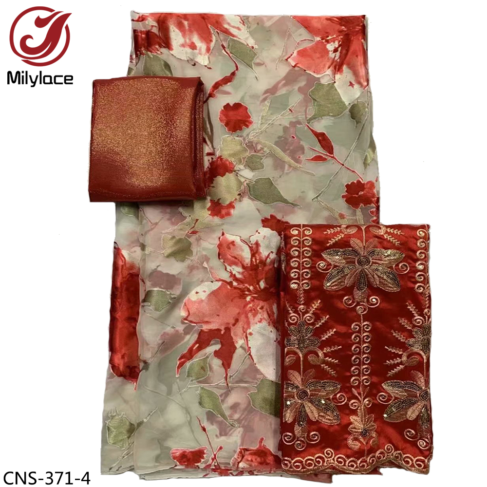 Real Silk with 2 yards george lace fabric flower pattern print muslim silk fabric