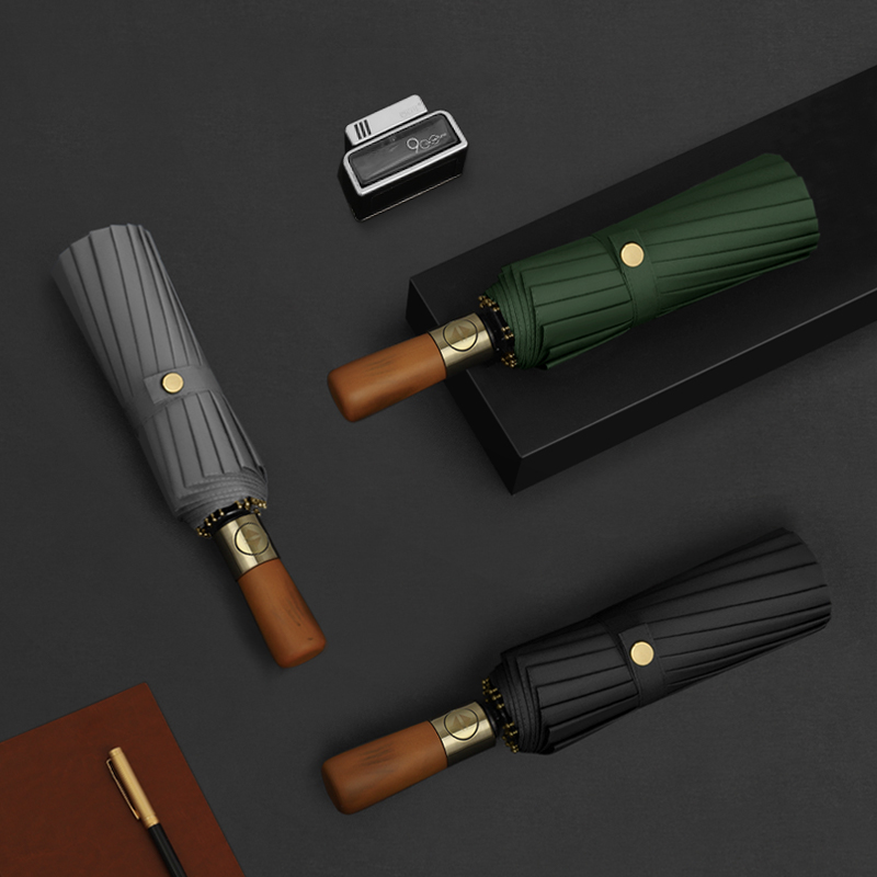 Automatic Business Umbrella с Golden Wooden Handle, High-End Luxury, Multi Colors, UV Protection, windproof, 3 Folding