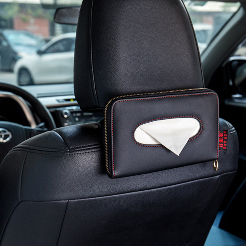 PU Leather Car Back Seat headrest Sun Vior Hanging Zipper Car Tissue Box napkin holder for Vehicle Paper Towel Bag Cover