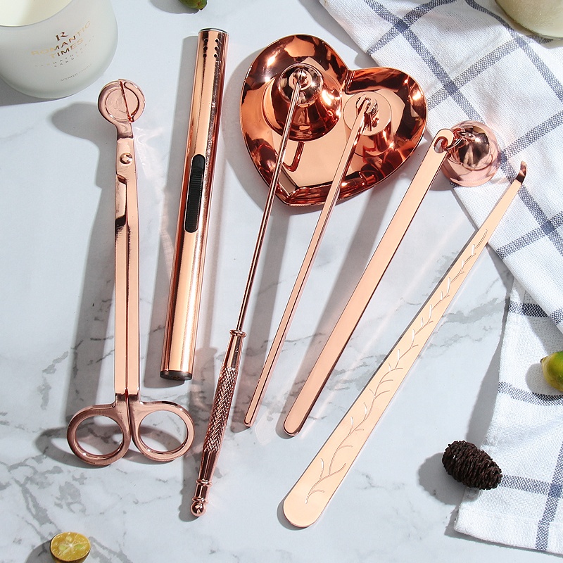 Custom candle accessories wick cutter dipper lighter candle trimmer snuffer rose gold candle scissors wick trimmer set with tray