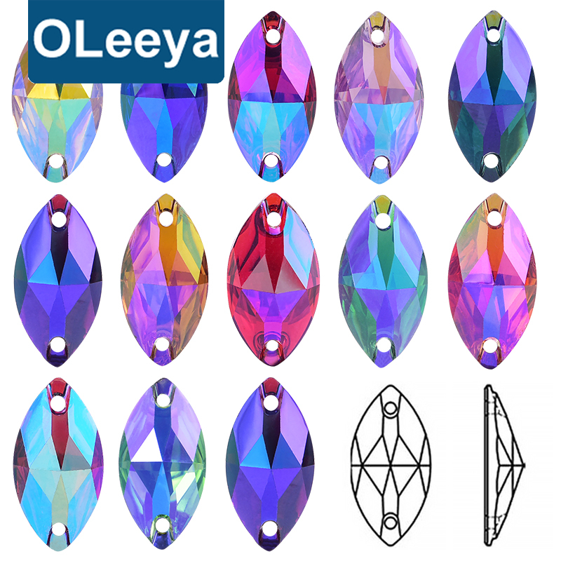 OLeeya Wholesale All Sizes Flat Back Horse Eyes CrystalGems Resin Navette Sew on Rhinestone With Holes Sewing Bikini Pasties