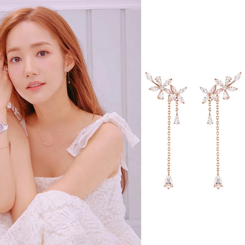New Fashion Women Korean Cute Zircon Flower Drop Earrings Elegant Water Drop Long Line Pendientes Earring Jewelry Girls