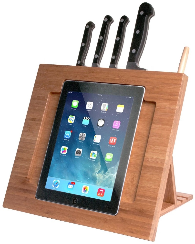 Многофункциональная бамбуковая Регулируемая кухонная Подставка для iPad с хранилищем для ножей